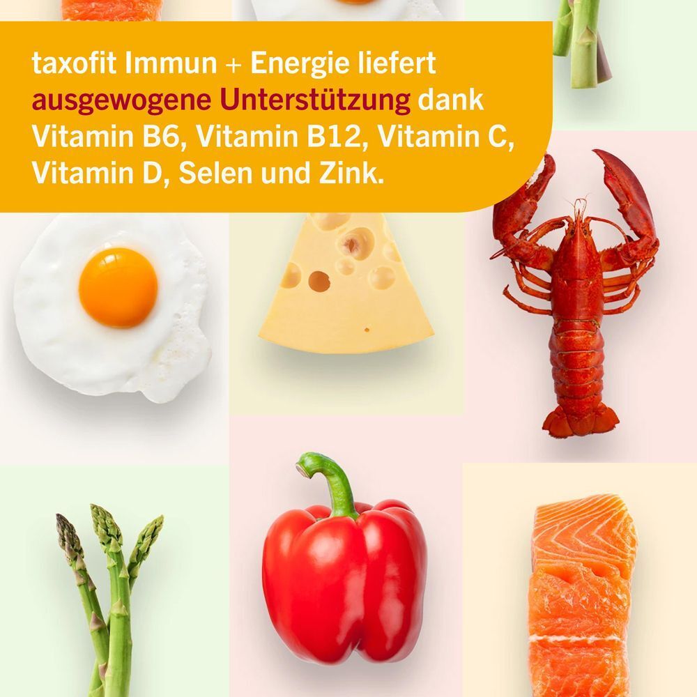 Collage mit Lebensmitteln: Ei, Käse, Hummer, Spargel, Paprika, Lachs. Text: taxofit Immun + Energie.
