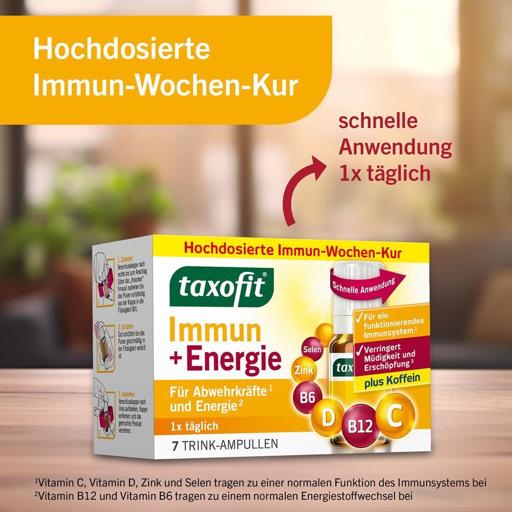 Packung taxofit Immun + Energie, mit Pfeil für schnelle Anwendung, 1x täglich.