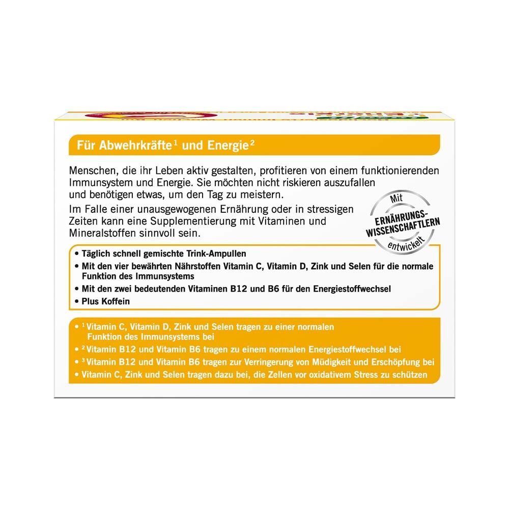 Rückseite der Packung taxofit Immun + Energie mit detaillierten Informationen und Siegel.