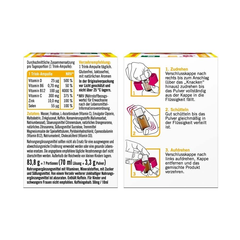 Seitenansicht der Packung taxofit Immun + Energie mit Anwendungshinweisen und Nährwertangaben.