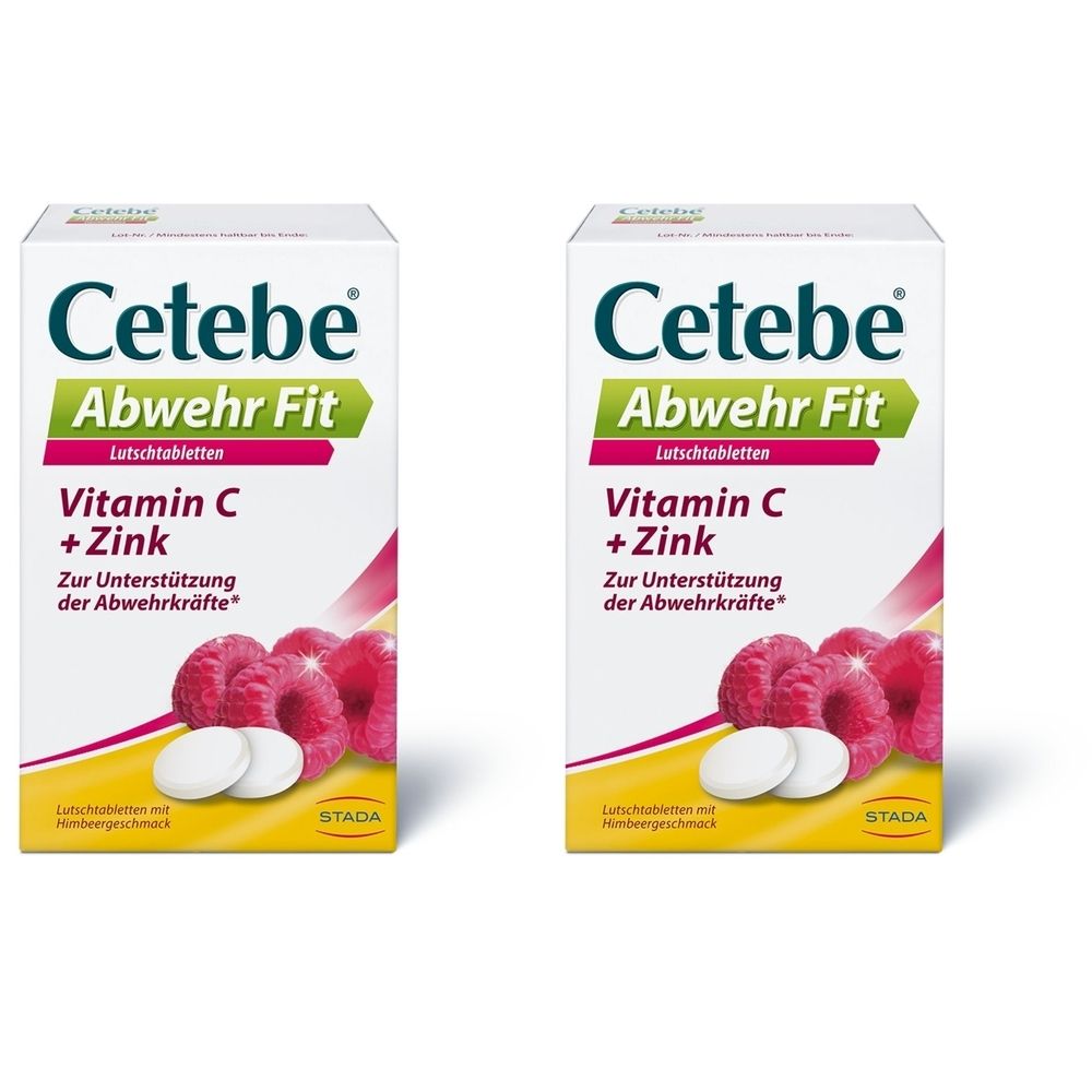 Zwei Packungen Cetebe Abwehr Fit. Aufdruck: Vitamin C + Zink. Himbeeren und Tabletten abgebildet.