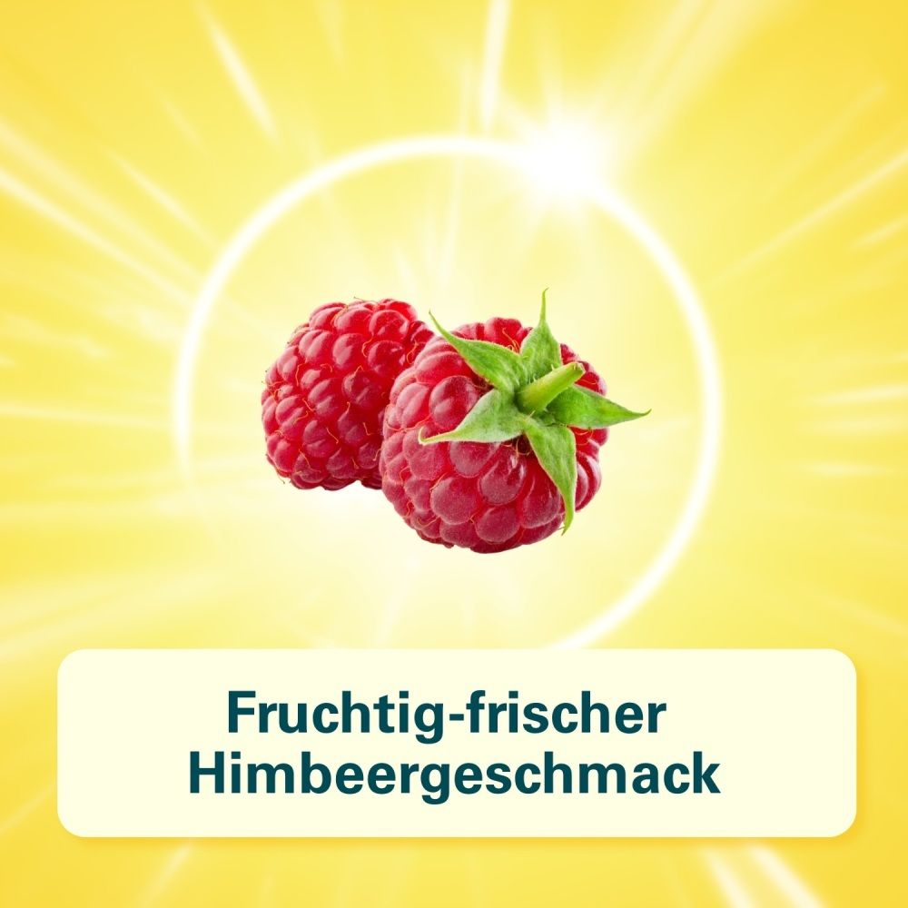 Zwei Himbeeren im Kreis mit Text 'Fruchtig-frischer Himbeergeschmack'.