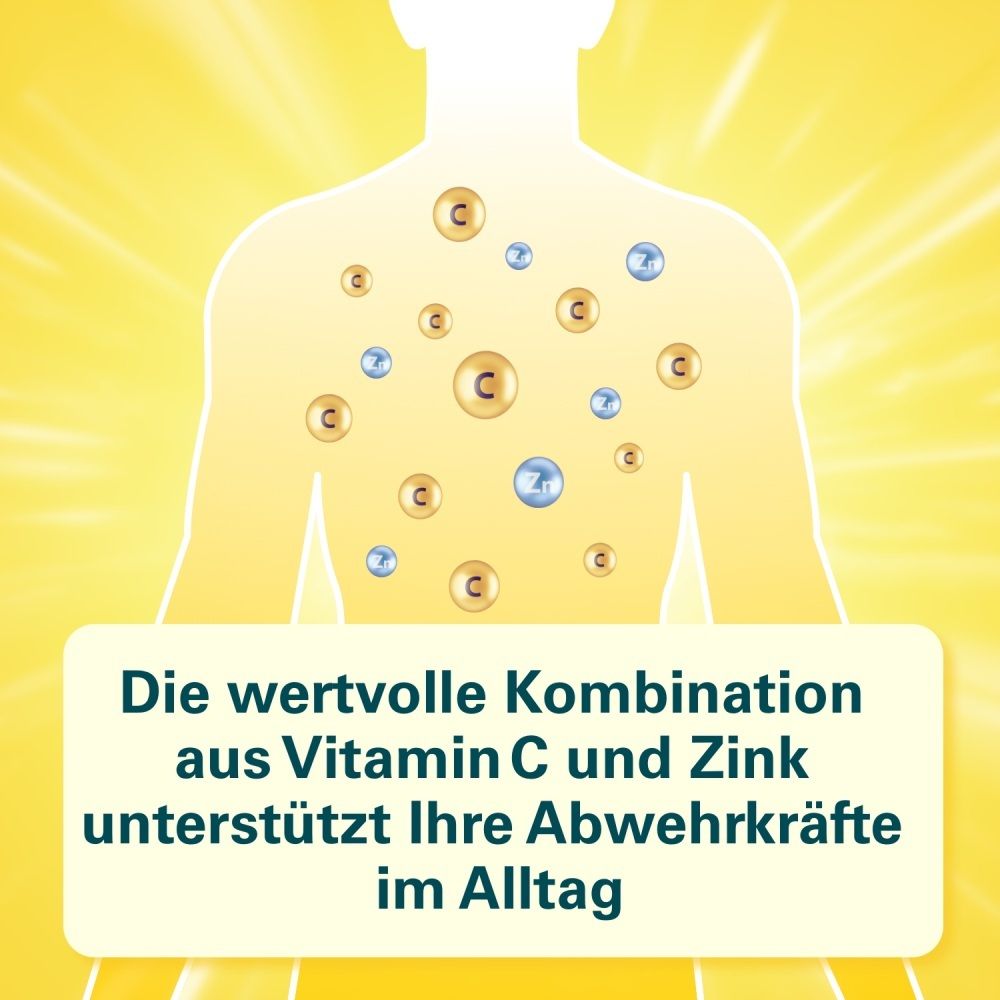 Silhouette eines Körpers mit Symbolen für Vitamin C und Zink. Text: 'Die wertvolle Kombination aus Vitamin C und Zink unterstützt Ihre Abwehrkräfte im Alltag'.
