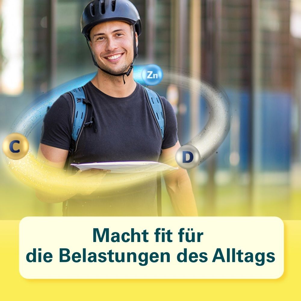 Mann mit Helm und Rucksack, umgeben von Symbolen für Vitamine C, D und Zink. Text: 'Macht fit für die Belastungen des Alltags'.