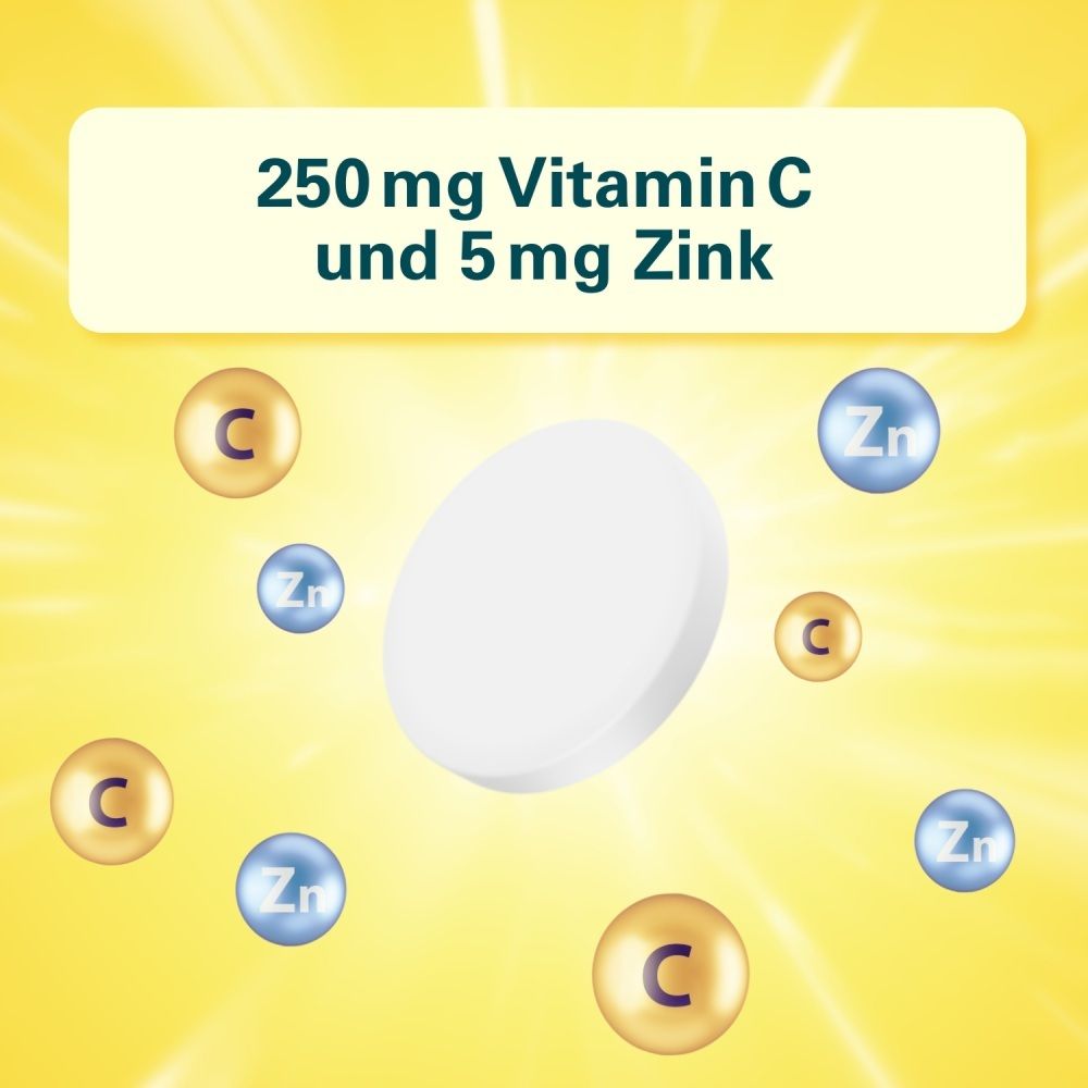 Eine Lutschtablette mit Symbolen für Vitamin C und Zink. Text: '250 mg Vitamin C und 5 mg Zink'.