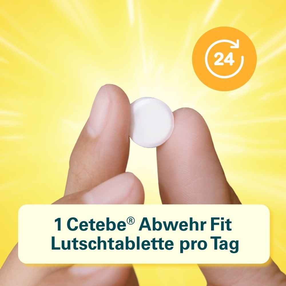 Finger halten eine Cetebe Abwehr Fit Lutschtablette. Kreis mit '24' und Pfeil. Text: '1 Cetebe Abwehr Fit Lutschtablette pro Tag'.