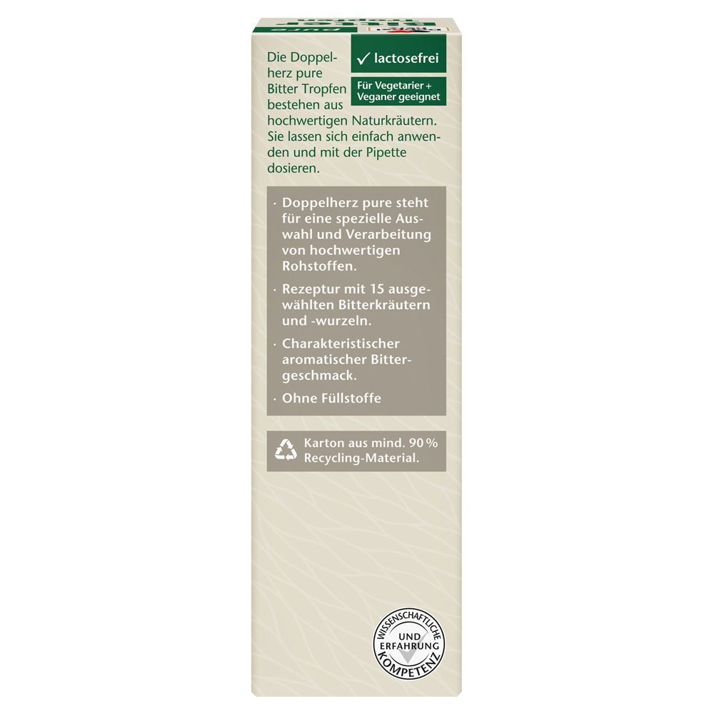 Rückseite der Packung Doppelherz® pure Bitter Tropfen mit Informationen zu Inhaltsstoffen und Recycling.