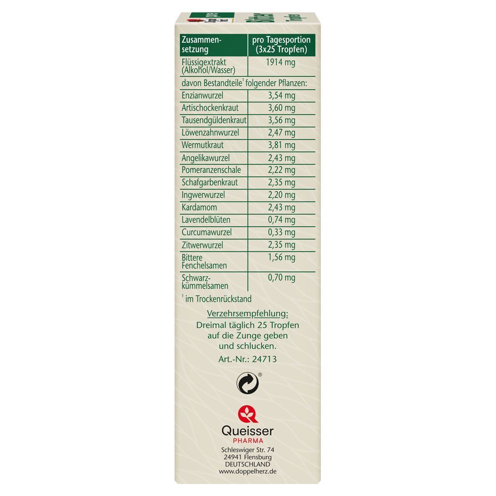 Seitenansicht der Packung Doppelherz® pure Bitter Tropfen mit detaillierter Zutatenliste.