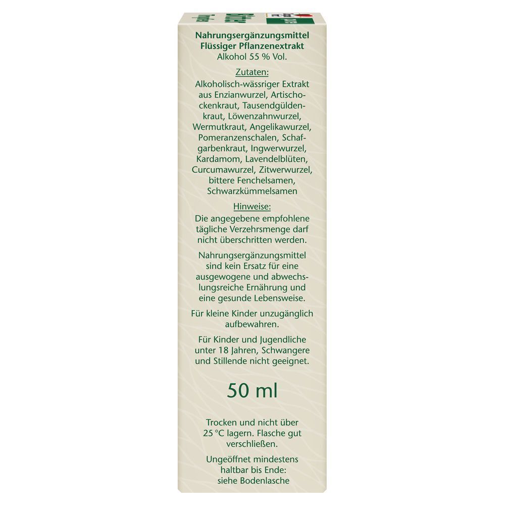 Seitenansicht der Packung Doppelherz® pure Bitter Tropfen mit Zutaten und Anwendungshinweisen, 50 ml.