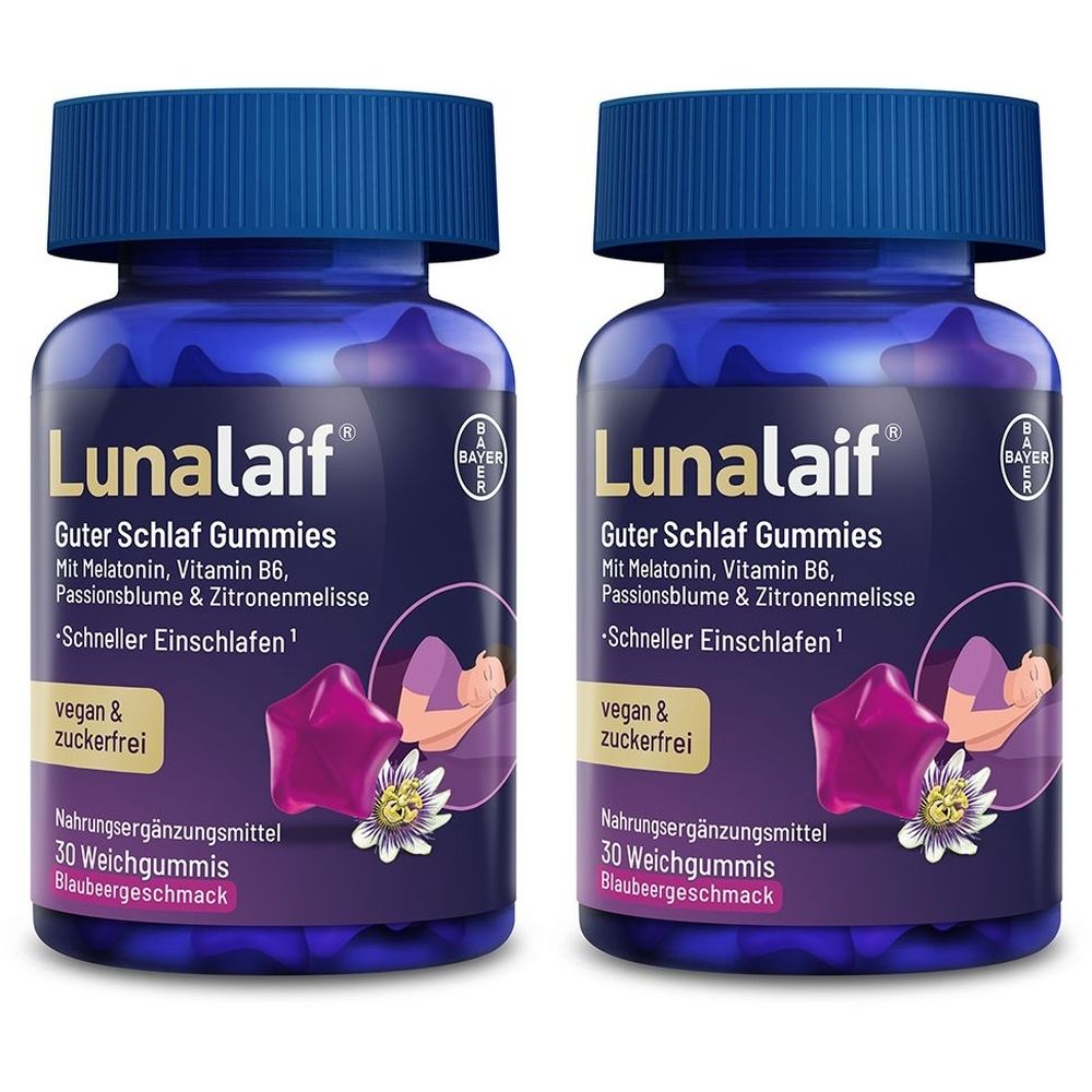 Zwei Flaschen Lunalaif Guter Schlaf Gummies. Blaue Flaschen mit blauem Deckel. Aufschrift: Mit Melatonin, Vitamin B6, Passionsblume & Zitronenmelisse.