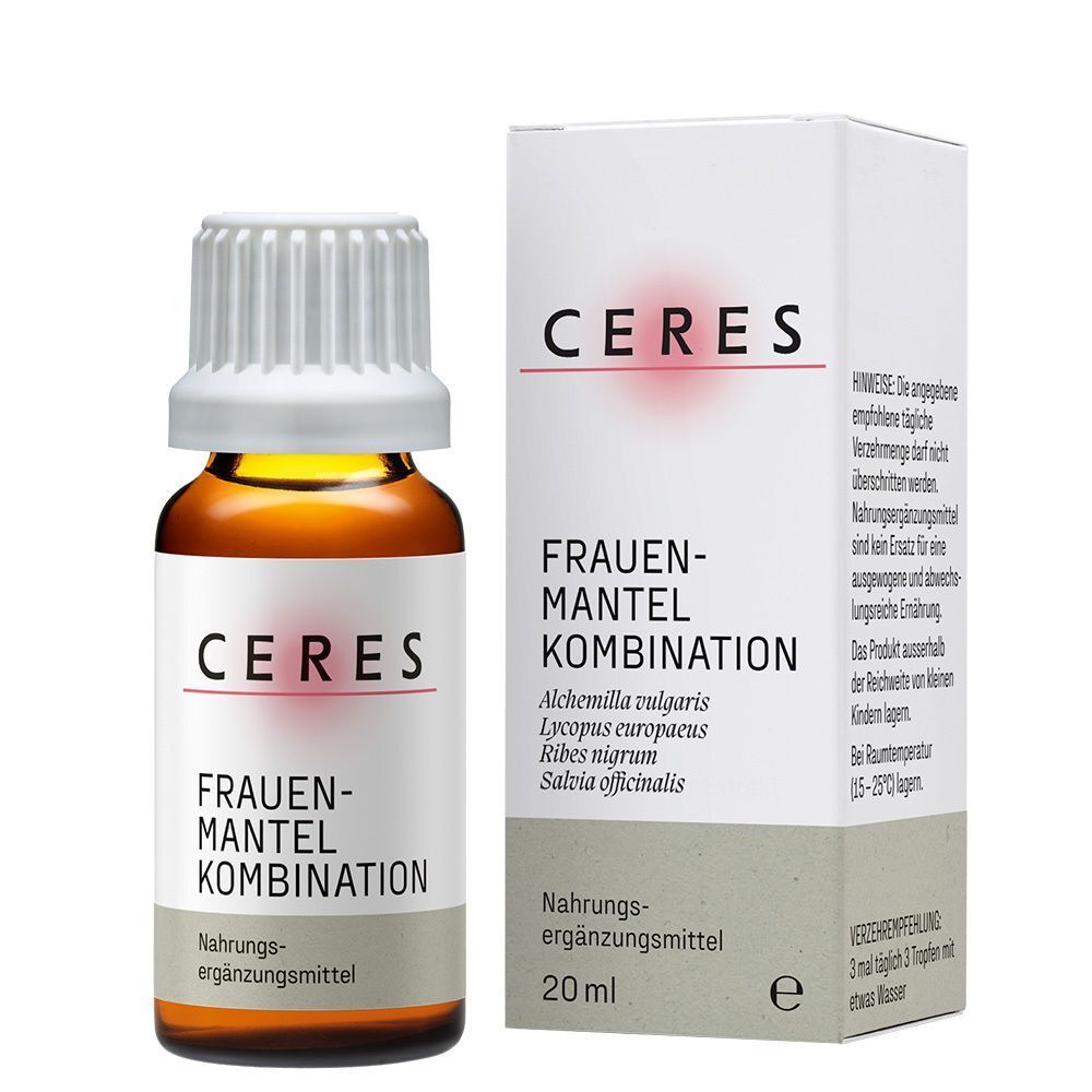 Flasche und Schachtel CERES Frauenmantel Alchemilla Kombination Tropfen, 20ml.