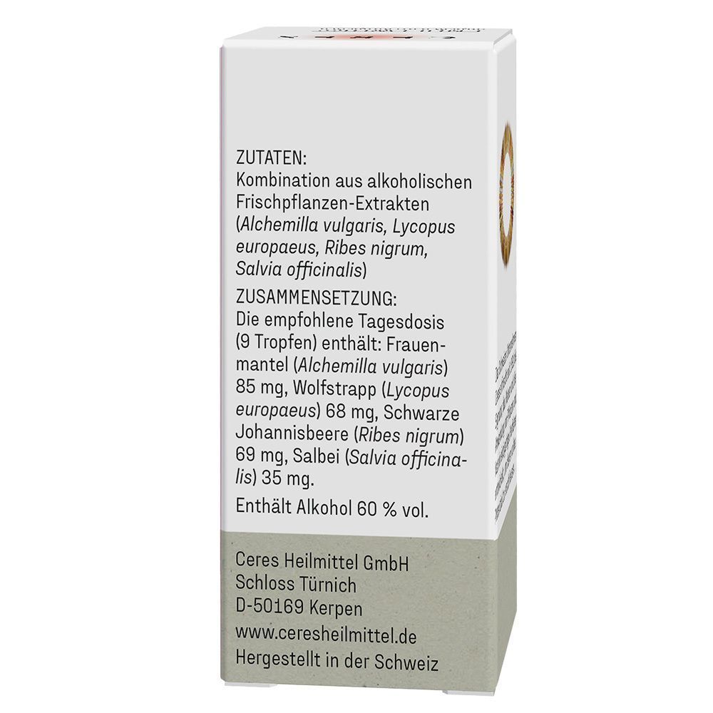 Rückseite der Schachtel CERES Frauenmantel Alchemilla Kombination Tropfen mit Zutatenliste.