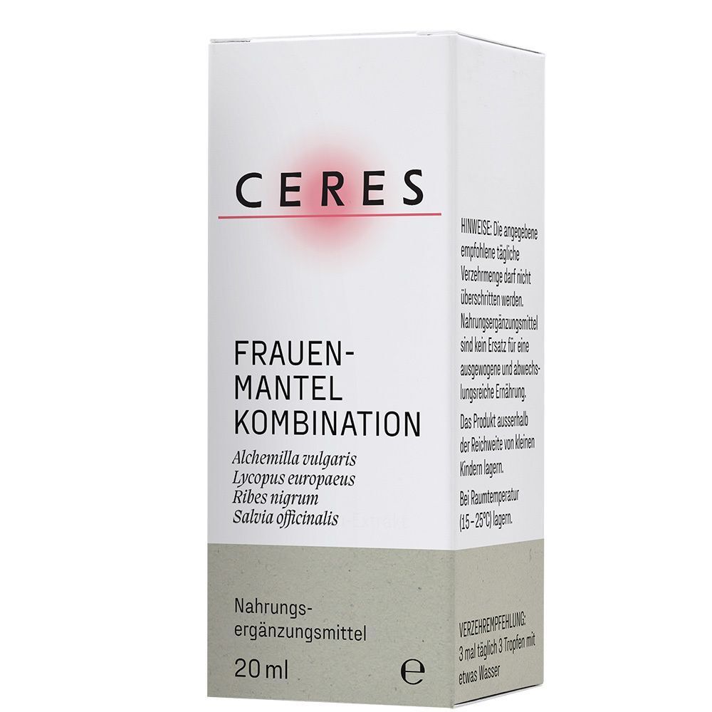 Vorderseite der Schachtel CERES Frauenmantel Alchemilla Kombination Tropfen, 20ml.