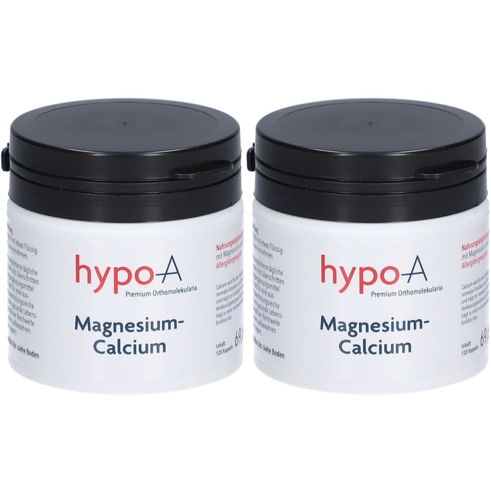 Zwei weiße Dosen mit schwarzem Deckel. Aufschrift "hypo-A Magnesium-Calcium". Premium Orthomolekulare. 120 Kapseln.