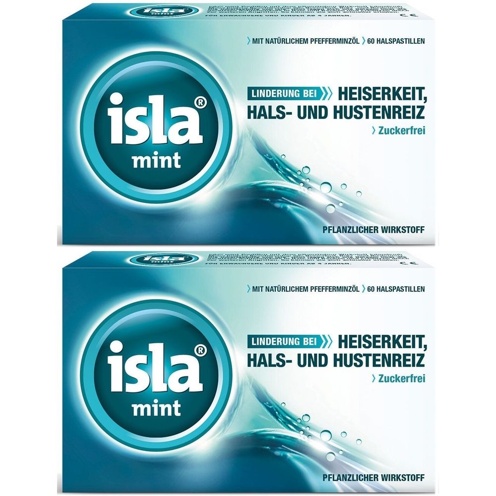 Zwei Packungen isla mint Halspastillen. Blaue Verpackung mit Produktnamen und Text zur Linderung bei Heiserkeit, Hals- und Hustenreiz.
