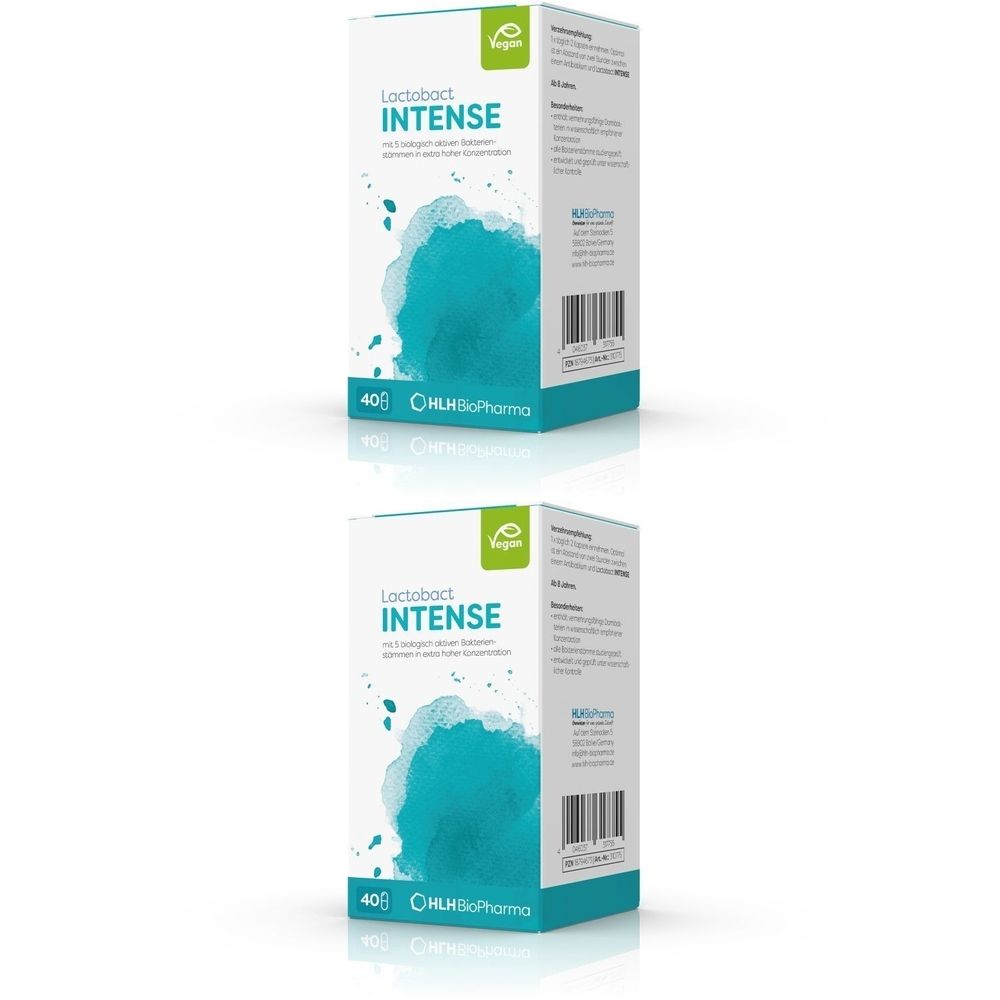 Zwei Kartons Lactobact INTENSE. Weiß mit blauem Design. Vegan-Siegel. 40 Kapseln. HLH BioPharma Logo.