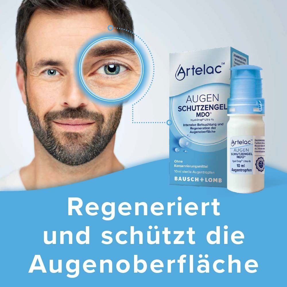 Mann mit Nahaufnahme seines Auges, daneben Artelac Augenschutzengel MDO Augentropfen.