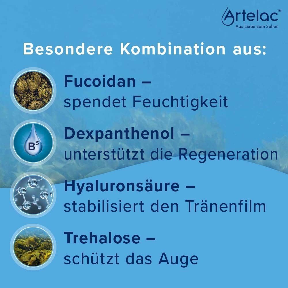Artelac Augenschutzengel MDO: Inhaltsstoffe Fucoidan, Dexpanthenol, Hyaluronsäure, Trehalose.
