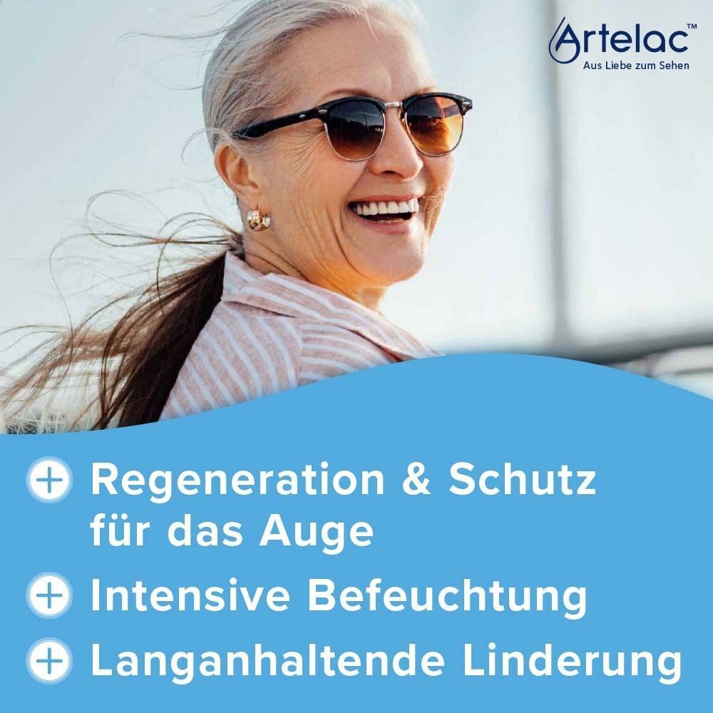 Ältere Frau lächelt, Artelac Augenschutzengel MDO: Regeneration, Schutz, Befeuchtung, Linderung.