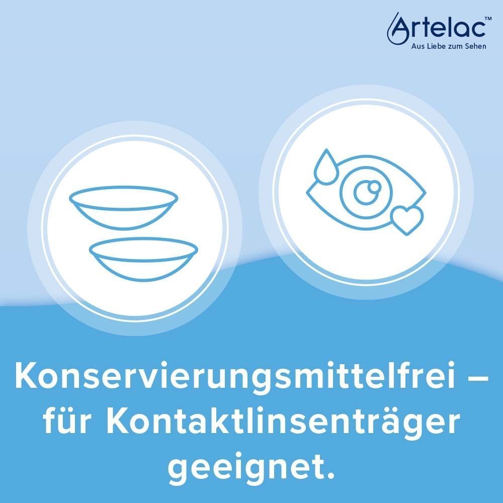 Artelac Augenschutzengel MDO: Konservierungsfrei, geeignet für Kontaktlinsenträger. Icons.