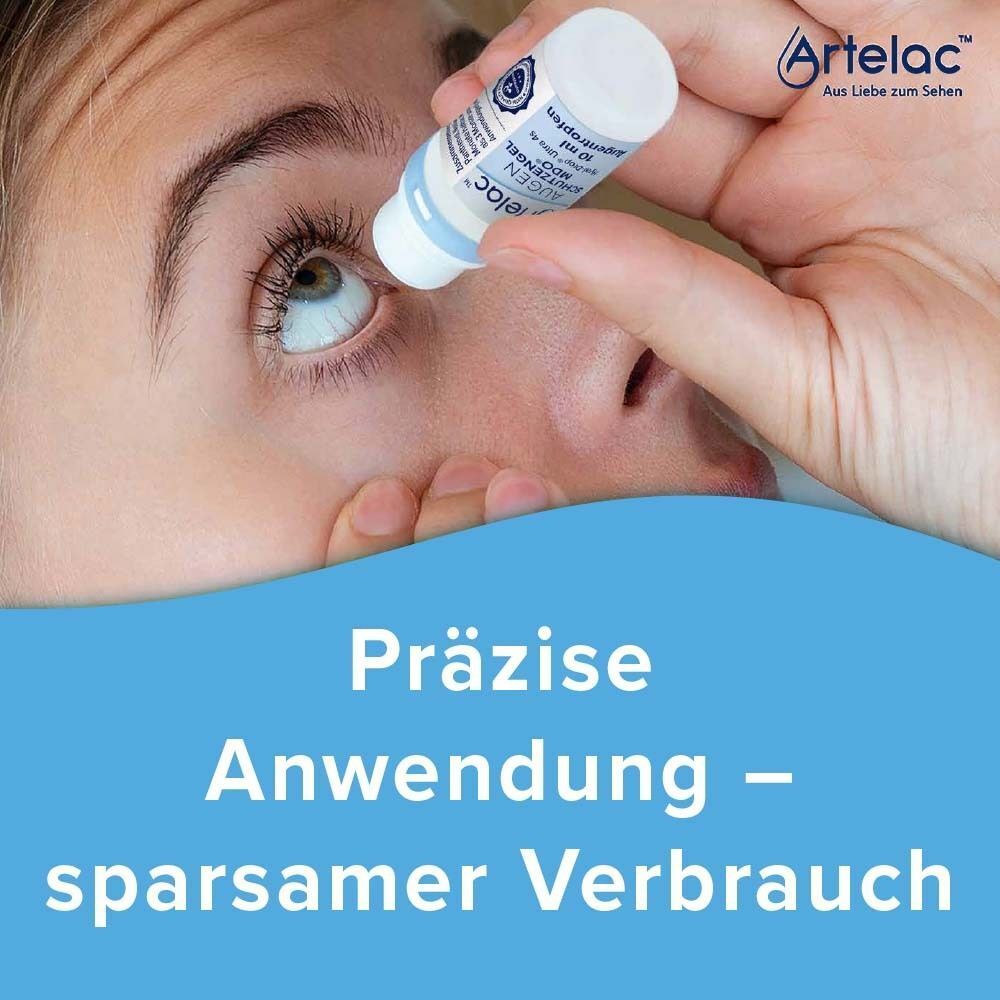 Anwendung von Artelac Augenschutzengel MDO Augentropfen ins Auge.