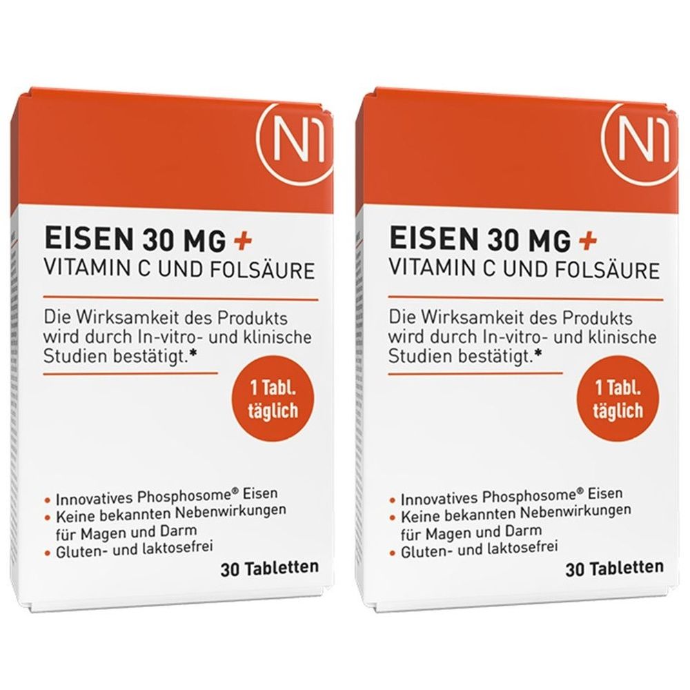 Zwei Packungen N1 Eisentabletten. Aufschrift: Eisen 30 mg + Vitamin C und Folsäure. Enthält 30 Tabletten. Täglich 1 Tablette.