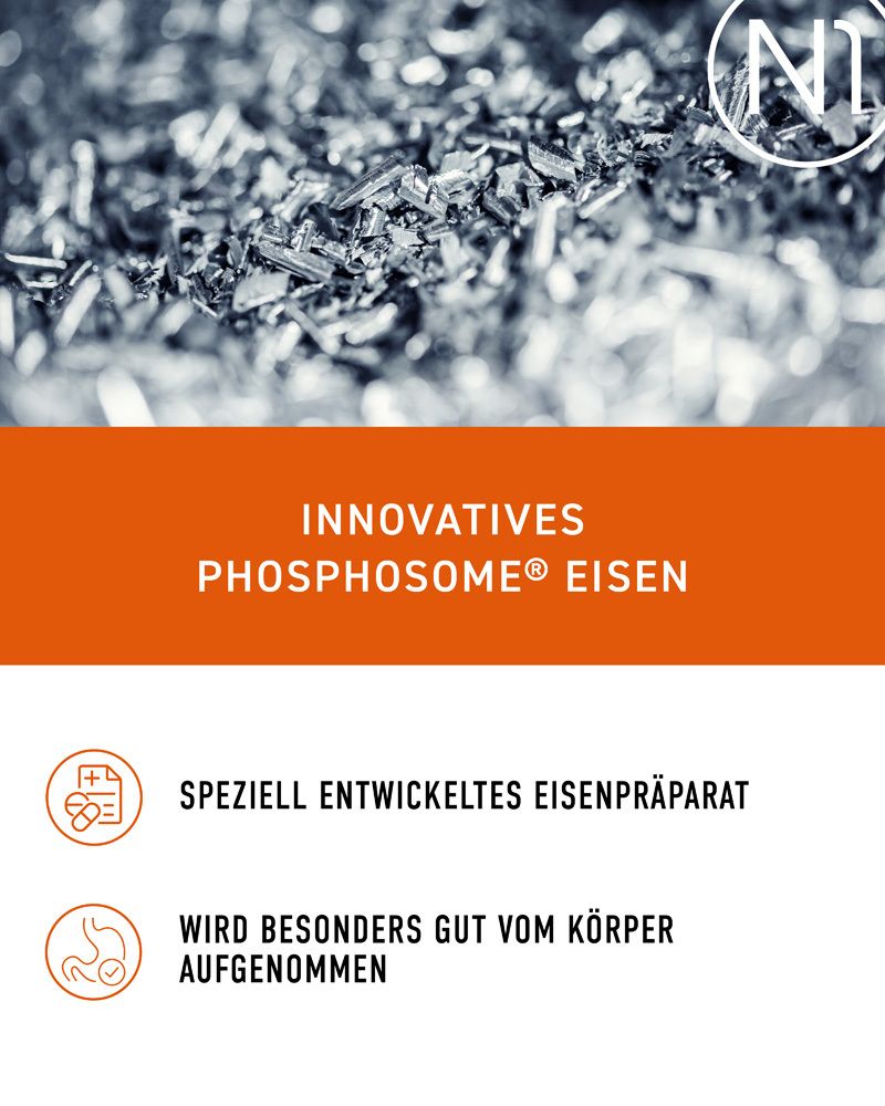 N1 Eisentabletten: Innovatives Phosphosome Eisen, speziell entwickeltes Eisenpräparat, wird gut vom Körper aufgenommen.