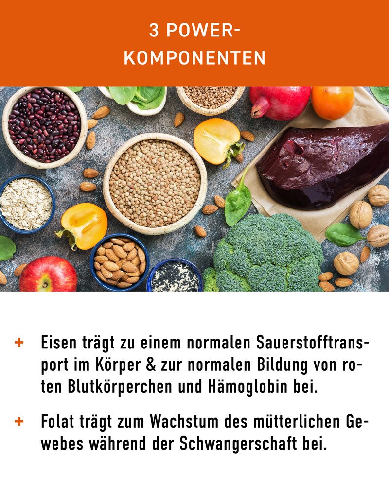N1 Eisentabletten: Eisen für normalen Sauerstofftransport, Folsäure für mütterliches Gewebe. Mit Leber, Beeren, Brokkoli.