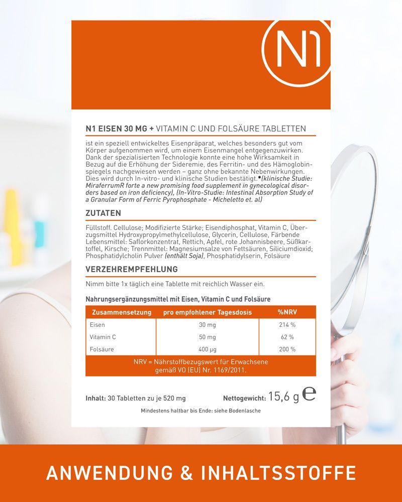 Rückseite N1 Eisentabletten 30 mg: Inhaltsstoffe, Verzehrempfehlung, Nährwertangaben. 30 Tabletten.