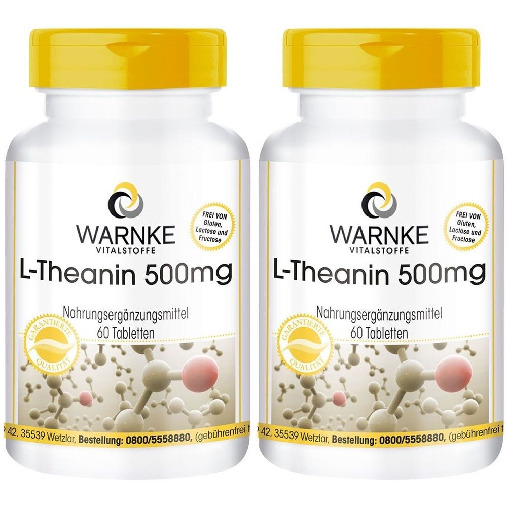 Zwei Flaschen L-Theanin 500mg Nahrungsergänzungsmittel. Weiße Flaschen mit gelben Deckeln. Aufschrift: WARNKE, 60 Tabletten.