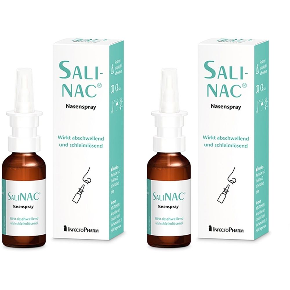 Zwei Flaschen und zwei Kartons SALINAC® Nasenspray. Braune Flaschen mit weißem Sprühkopf. Weiße Kartons mit Produktnamen.