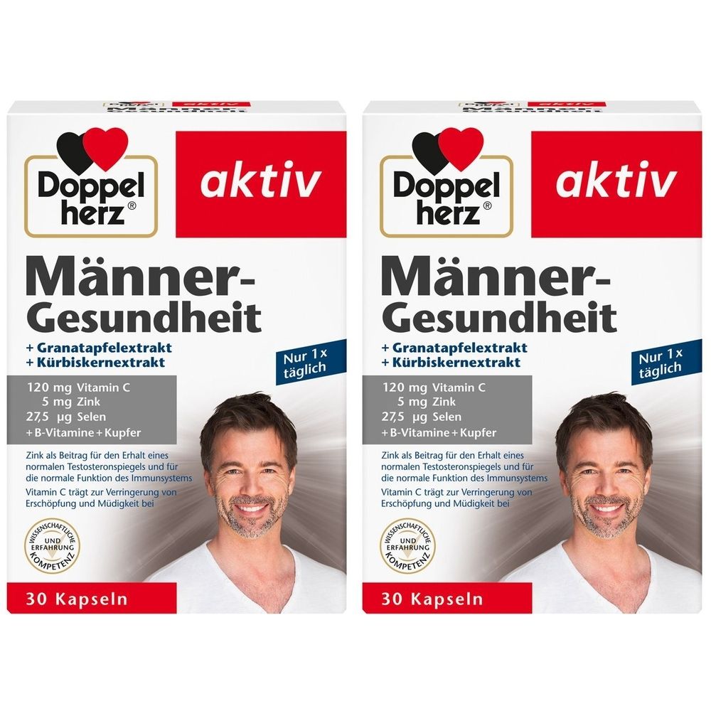 Zwei Packungen Doppelherz Männer-Gesundheit. Aufdruck: aktiv, Männer-Gesundheit, 30 Kapseln. Enthält Granatapfelextrakt, Kürbiskernextrakt, Vitamine und Mineralien.