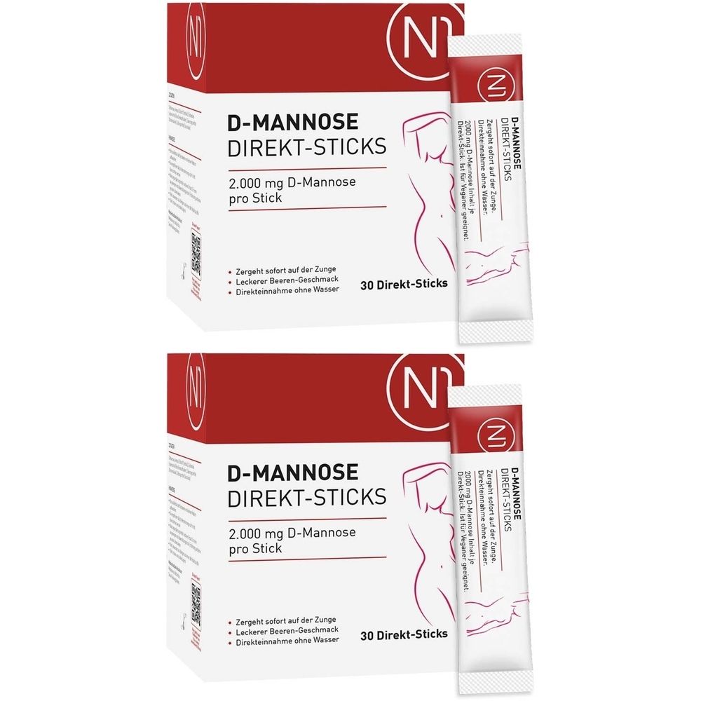 Verpackung mit D-Mannose Direkt-Sticks. Rote und weiße Schachtel mit Produktinformationen und einem Stick.