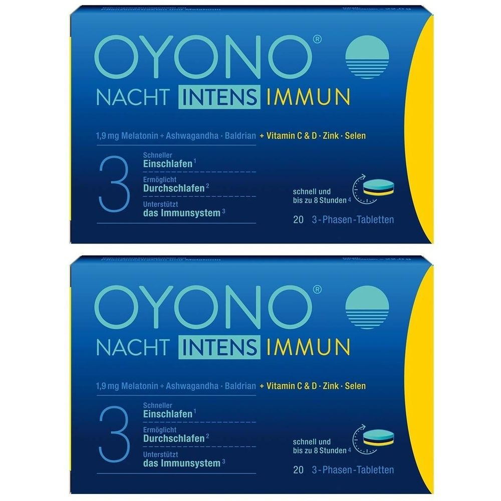 Zwei Schachteln OYONO® NACHT INTENS IMMUN. Blaue Verpackung mit weißer Schrift. Enthält 20 Tabletten. Angaben zu Inhaltsstoffen und Wirkungen.