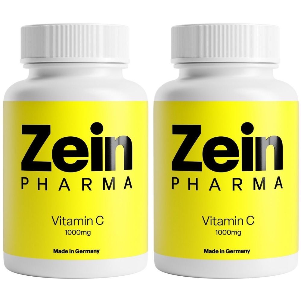 Zwei weiße Flaschen mit gelben Etiketten. Aufschrift: Zein Pharma, Vitamin C 1000mg. Hergestellt in Deutschland.