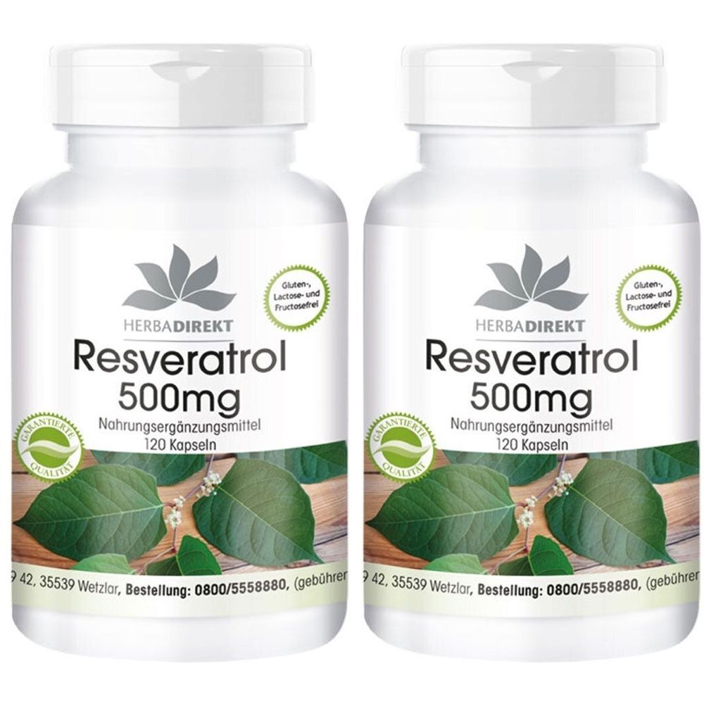 Zwei weiße Flaschen mit Etiketten. Aufschrift: Resveratrol 500mg, Nahrungsergänzungsmittel, 120 Kapseln. Marke: HERBADIREKT.