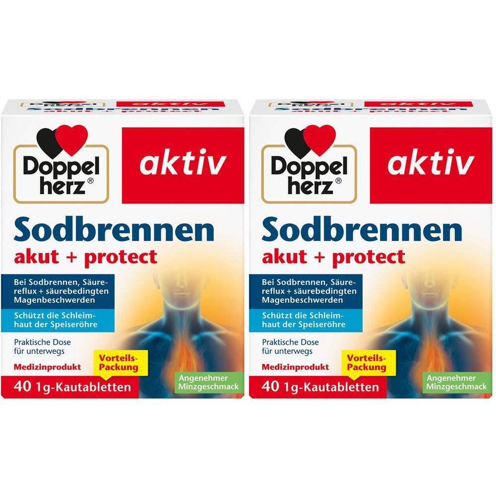 Zwei Packungen Doppelherz Sodbrennen akut + protect Kautabletten, 40 Stück.
