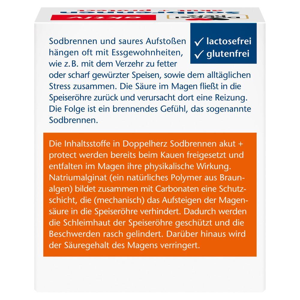 Rückseite einer Packung Doppelherz Sodbrennen akut + protect mit Informationen zu Laktose- und Glutenfreiheit.