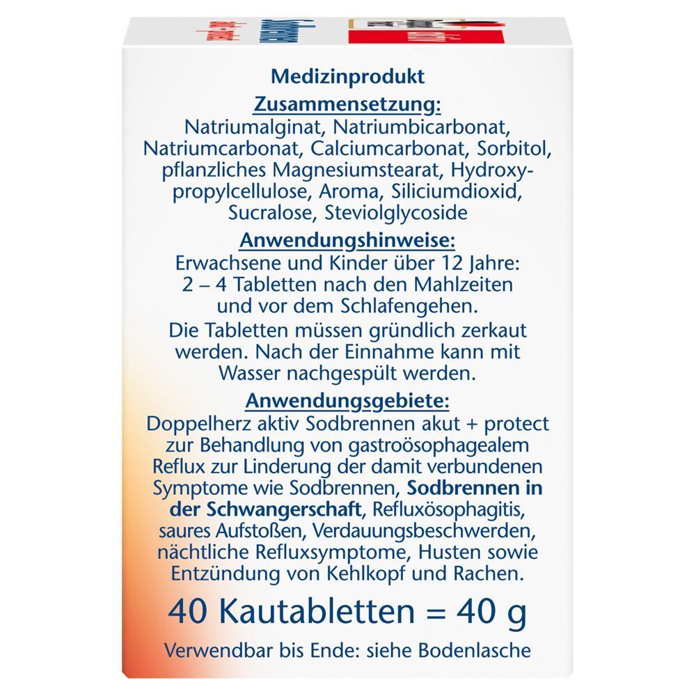 Rückseite einer Packung Doppelherz Sodbrennen akut + protect mit Zusammensetzung und Anwendung.