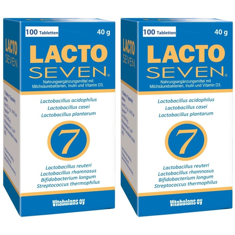 Zwei blaue Schachteln mit LACTO SEVEN. Aufschrift: 100 Tabletten, 40 g. Enthält Milchsäurebakterien, Inulin und Vitamin D3. Mit Logo 7.