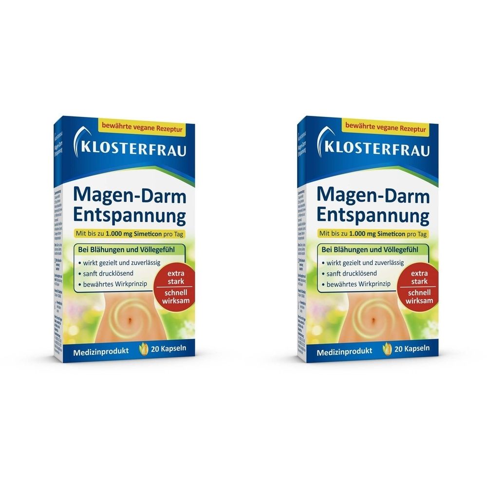 Zwei Schachteln KLOSTERFRAU Magen-Darm Entspannung. Blaue Verpackung mit Produktnamen und Inhaltsangaben. 20 Kapseln.