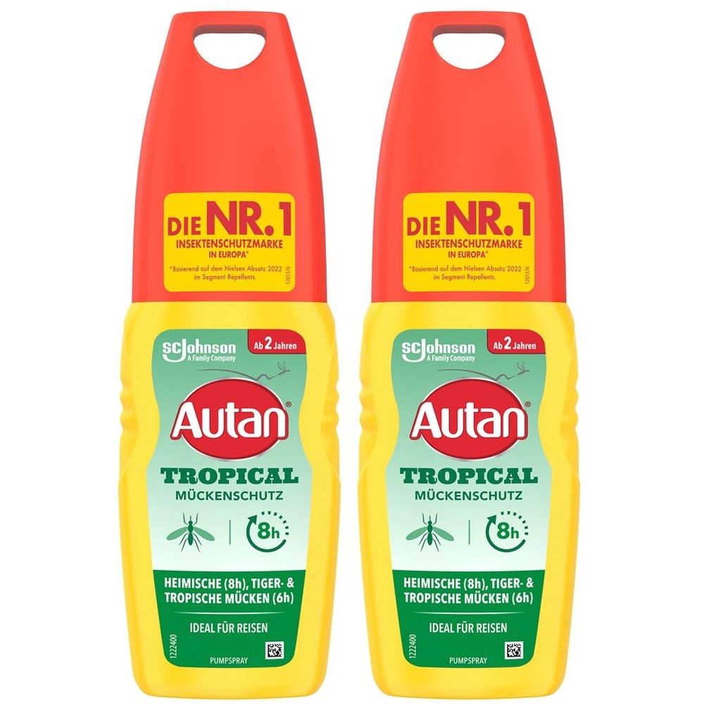 Zwei gelbe Pumpsprays mit rotem Deckel. Aufschrift: Autan Tropical Mückenschutz. Enthält Informationen zur Insektenabwehr.