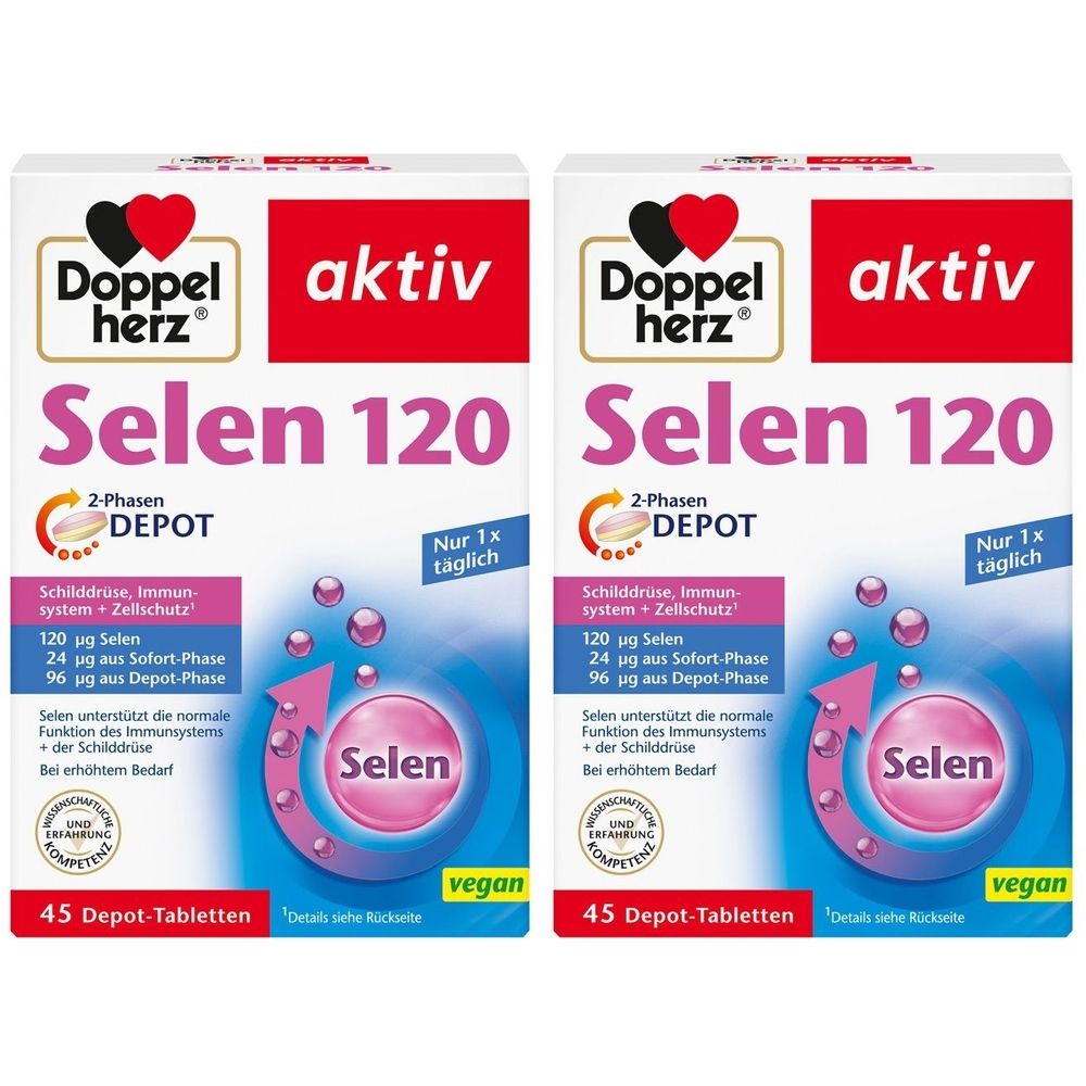 Zwei Packungen Doppelherz Selen 120 Depot Tabletten. Weiße Schachteln mit roter und schwarzer Schrift. Enthält 45 Tabletten.