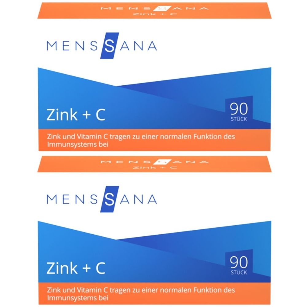 Zwei Packungen MENSSANA Zink + C. Blaue und orangefarbene Verpackung. Aufschrift: Zink + C, 90 Stück. Text: Zink und Vitamin C tragen zu einer normalen Funktion des Immunsystems bei.