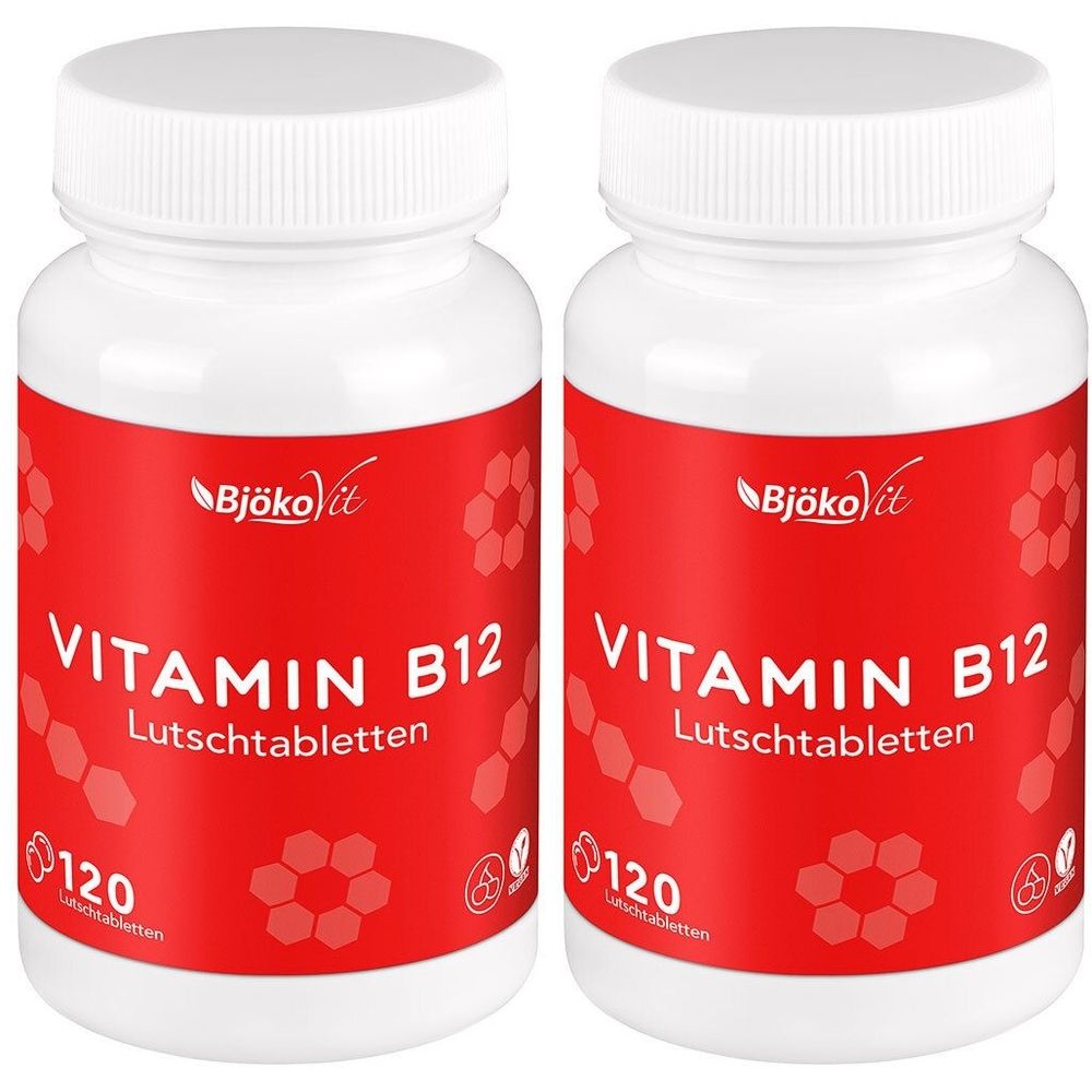 Zwei weiße Flaschen mit rotem Etikett. Aufschrift: Vitamin B12 Lutschtabletten. Marke: BjökoVit. 120 Tabletten.