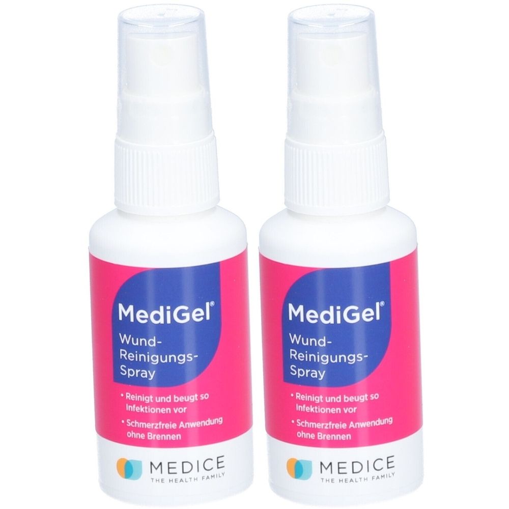 Zwei weiße Sprühflaschen mit pinkfarbenen Etiketten. Auf den Etiketten steht "MediGel Wund-Reinigungs-Spray".