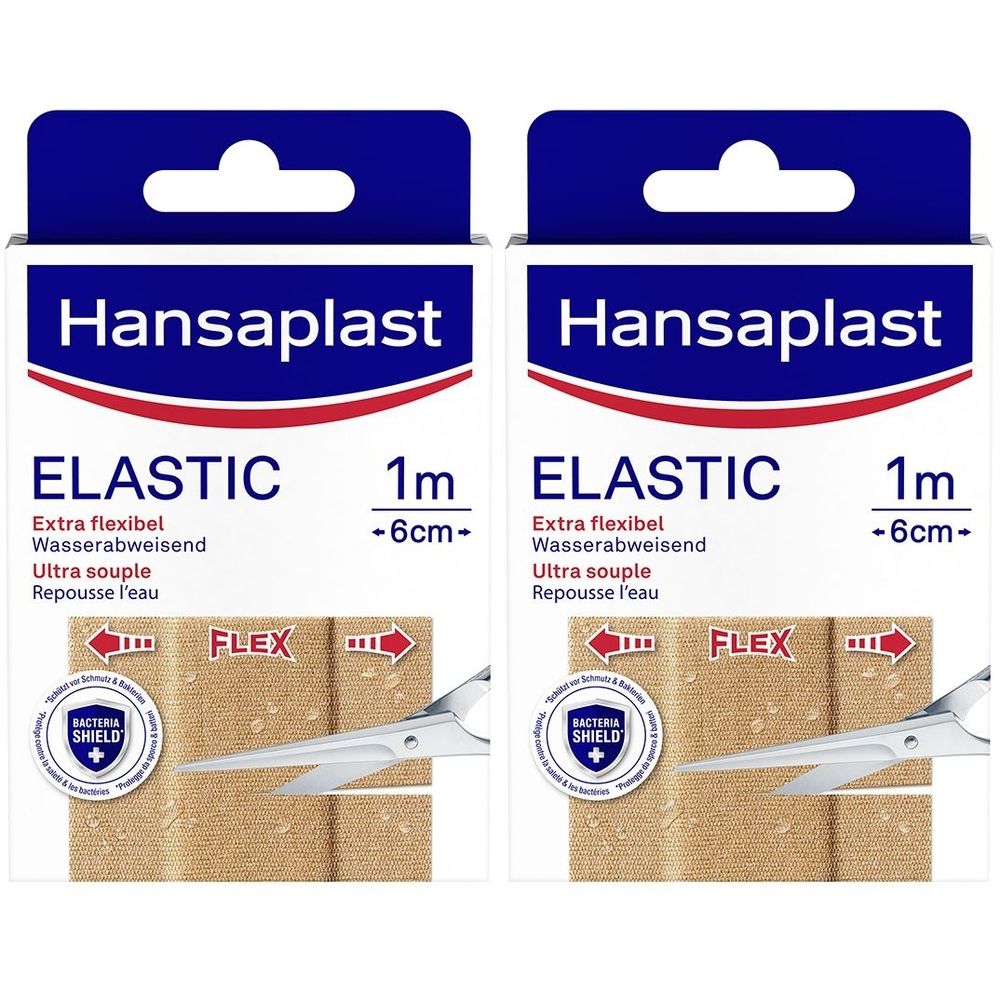 Zwei Packungen Hansaplast Elastic Pflaster. Aufschrift: Elastic, extra flexibel, wasserabweisend. Mit Schere und Flex-Symbol.