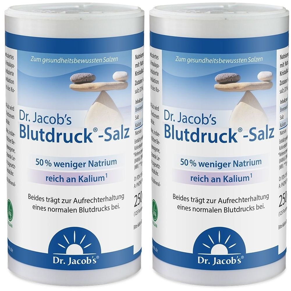Zwei zylindrische Behälter. Aufschrift: Dr. Jacob's Blutdruck-Salz, 50% weniger Natrium, reich an Kalium. Logo: Dr. Jacob's.