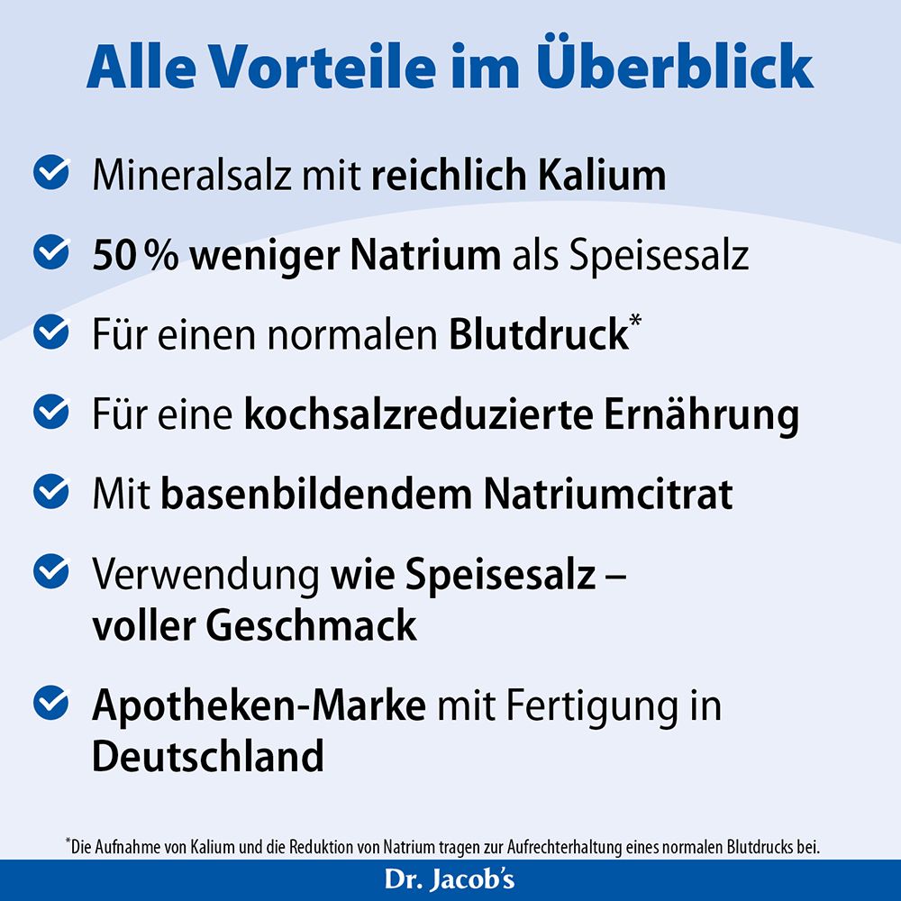 Übersicht der Vorteile: Mineralienreich, weniger Natrium, gut für Blutdruck, kochsalzreduziert, mit Natriumcitrat, wie Speisesalz verwendbar, Apotheken-Marke.