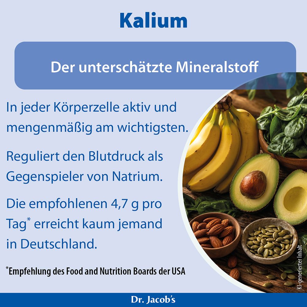 Kalium: Der unterschätzte Mineralstoff. Bananen, Avocado, Spinat, Mandeln und Kürbiskerne als Kaliumquellen.